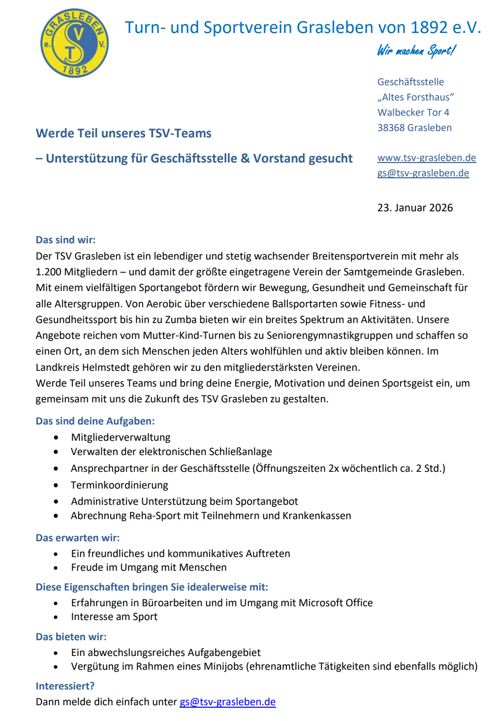 Anzeige Unterstützung GS Vorstand